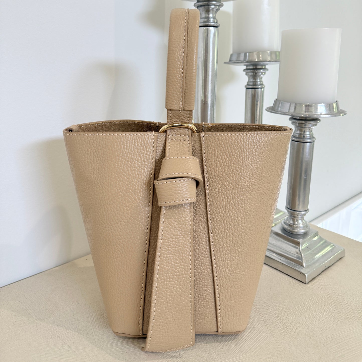 Sand Beige 
talian leather handbag in sand beige with gold hardware.